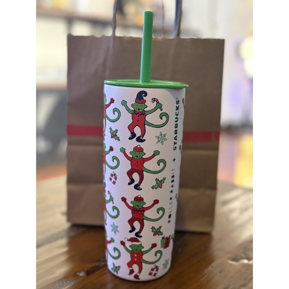 Starbucks 2025 Christmas Roller Rabbit 24oz Cold Cup Tumbler Green Lid Straw